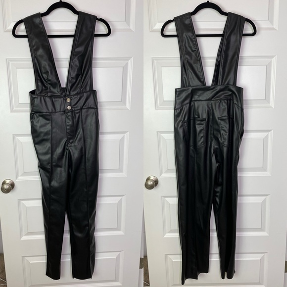 ZARA Faux Leather Jumpsuit Overalls Black Size Small NWT Sleeveless Deep V neck - Picture 4 of 11